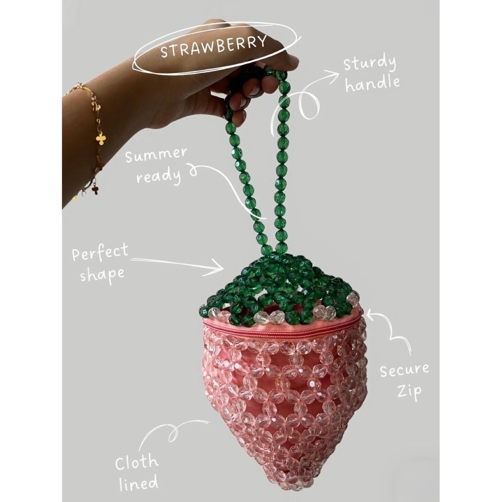 Handmade Beaded Strawberry Mini Bag Pink Green Fruit Wristlet Pouch New - Picture 2 of 6